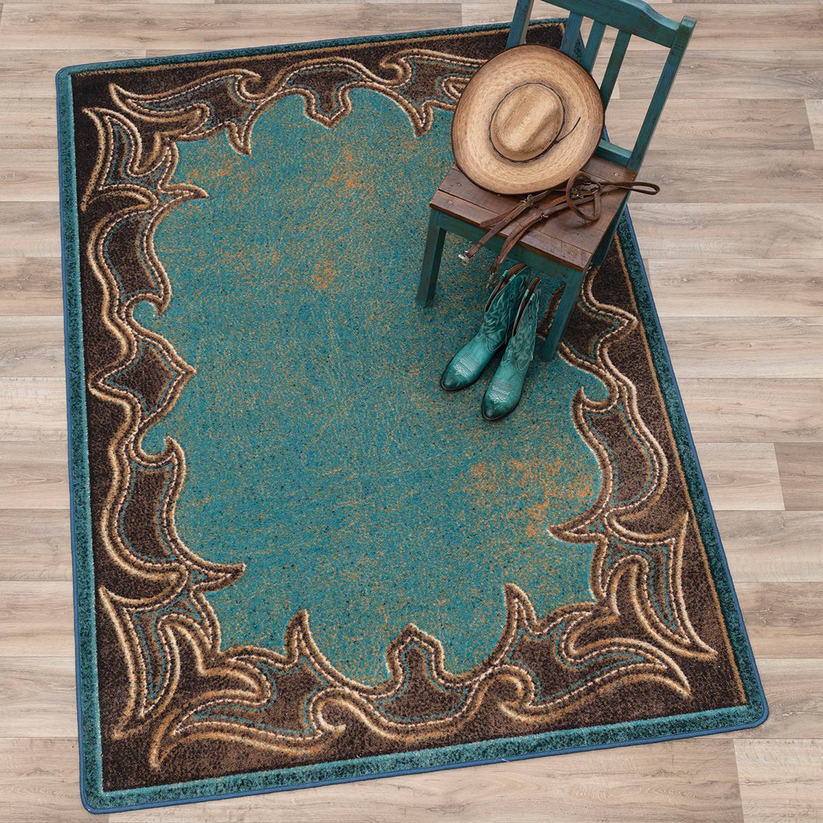 Western Stitched Turquoise Rug - 4 x 5