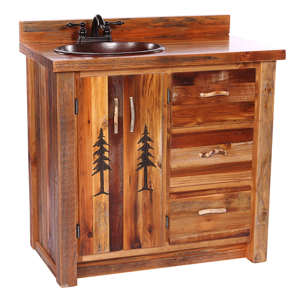 Barnwood Vanity with Carved Tree Design - 36 Inch
