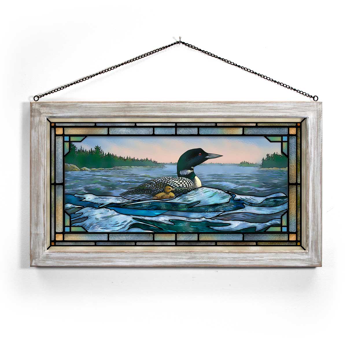 Mosaic Duckling Stained Glass Wall Art with White Frame