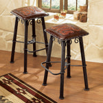 Coronado Iron Counter Stool with Tooled Leather Seat - Set of 3