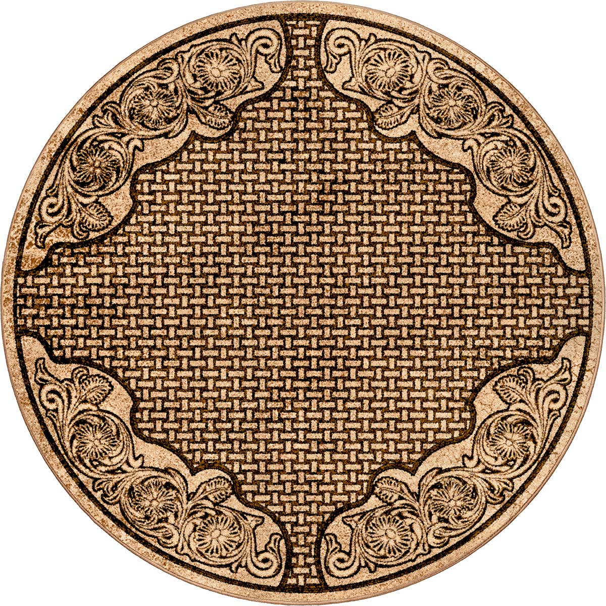 Tooled Leather Scroll & Weave Rug - 8 Ft. Round