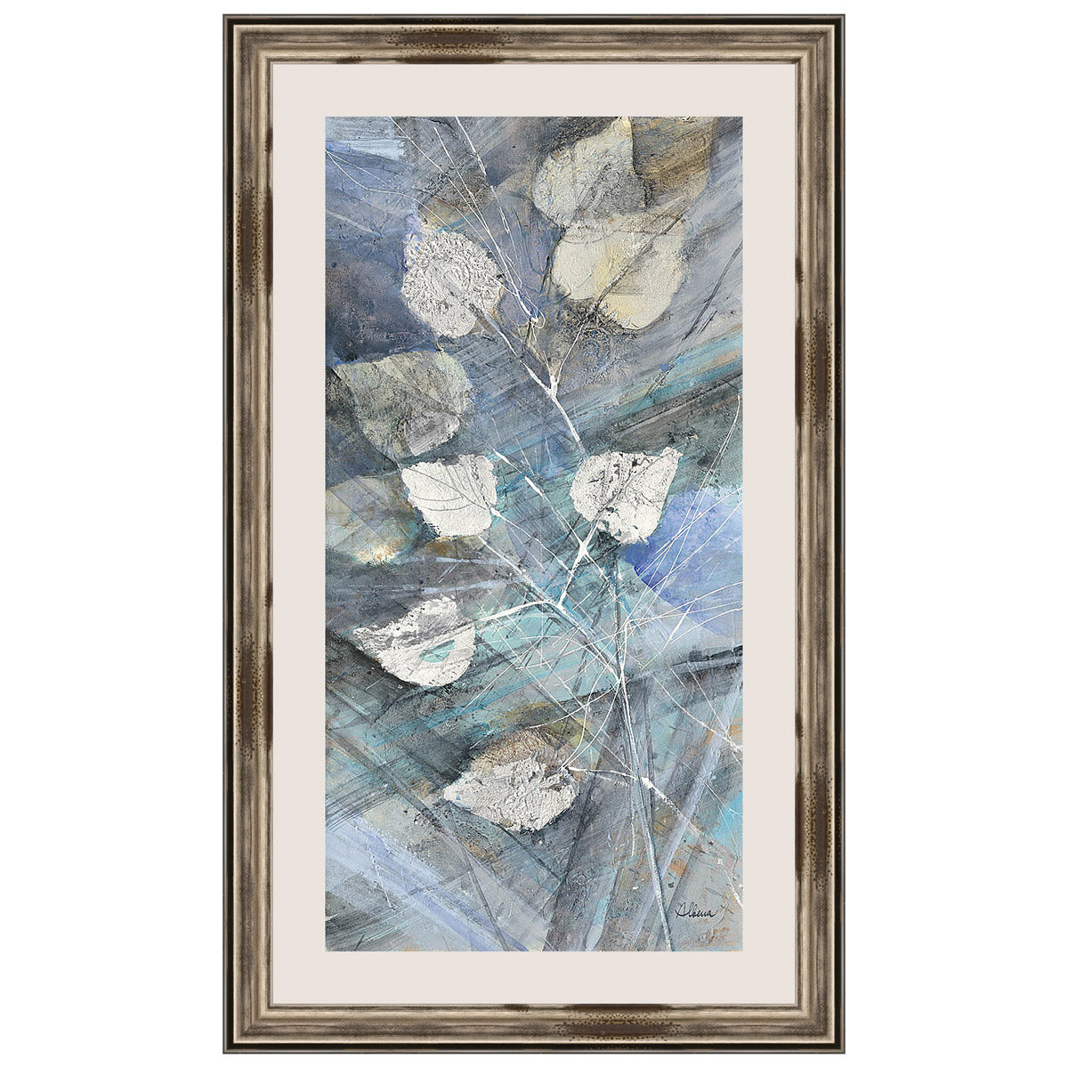 Silver Leaves on Blue I Framed Print