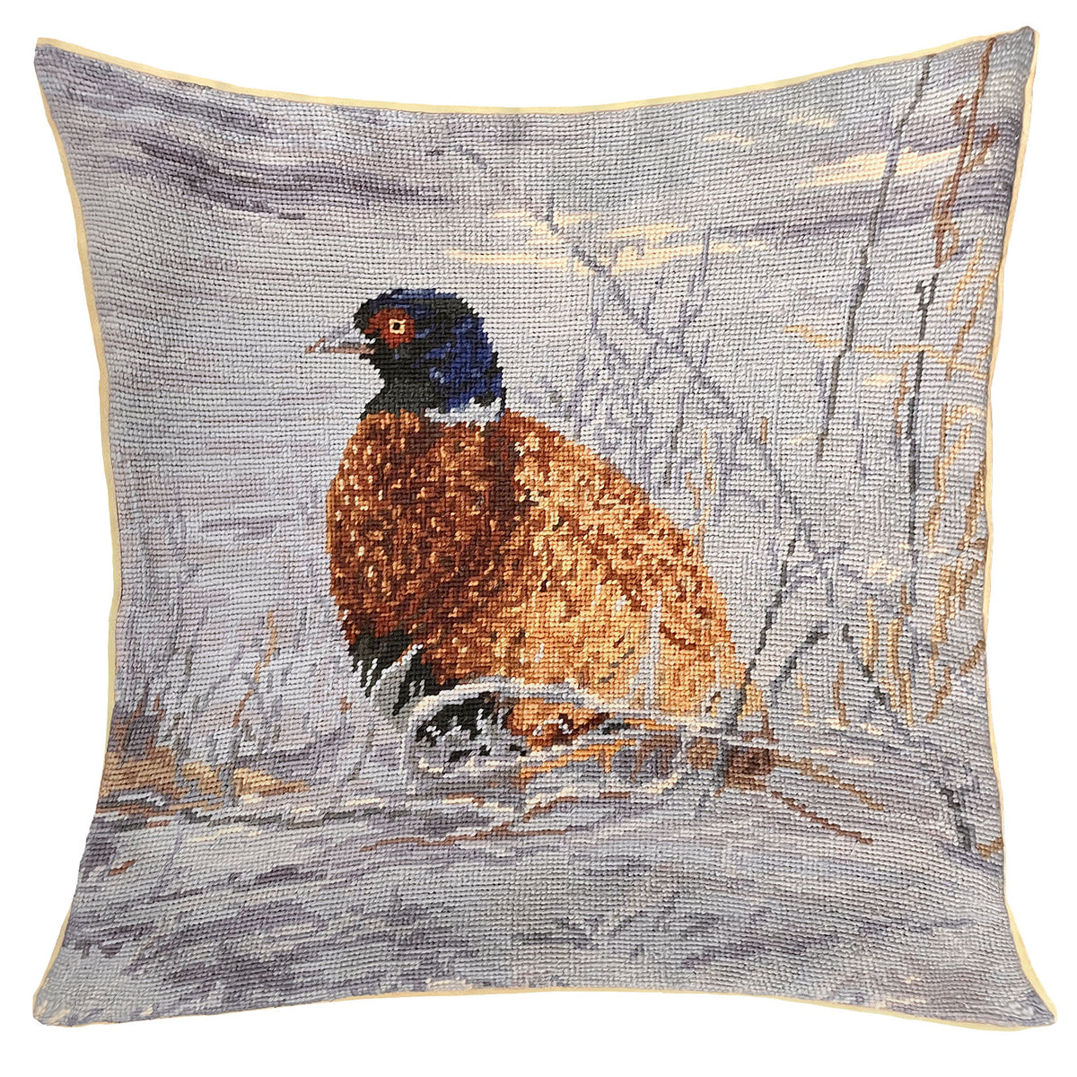 Winter Pheasant Dancing Needlepoint Pillow