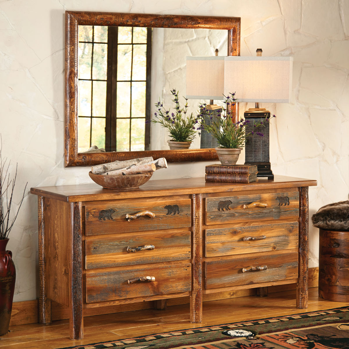 Custom Pine Crest Bear Log 6 Drawer Dresser & Mirror - 67"w X 21"d X 32"h from Black Forest Decor