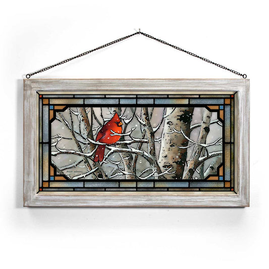 Snow Cardinal Stained Glass Art with White Frame