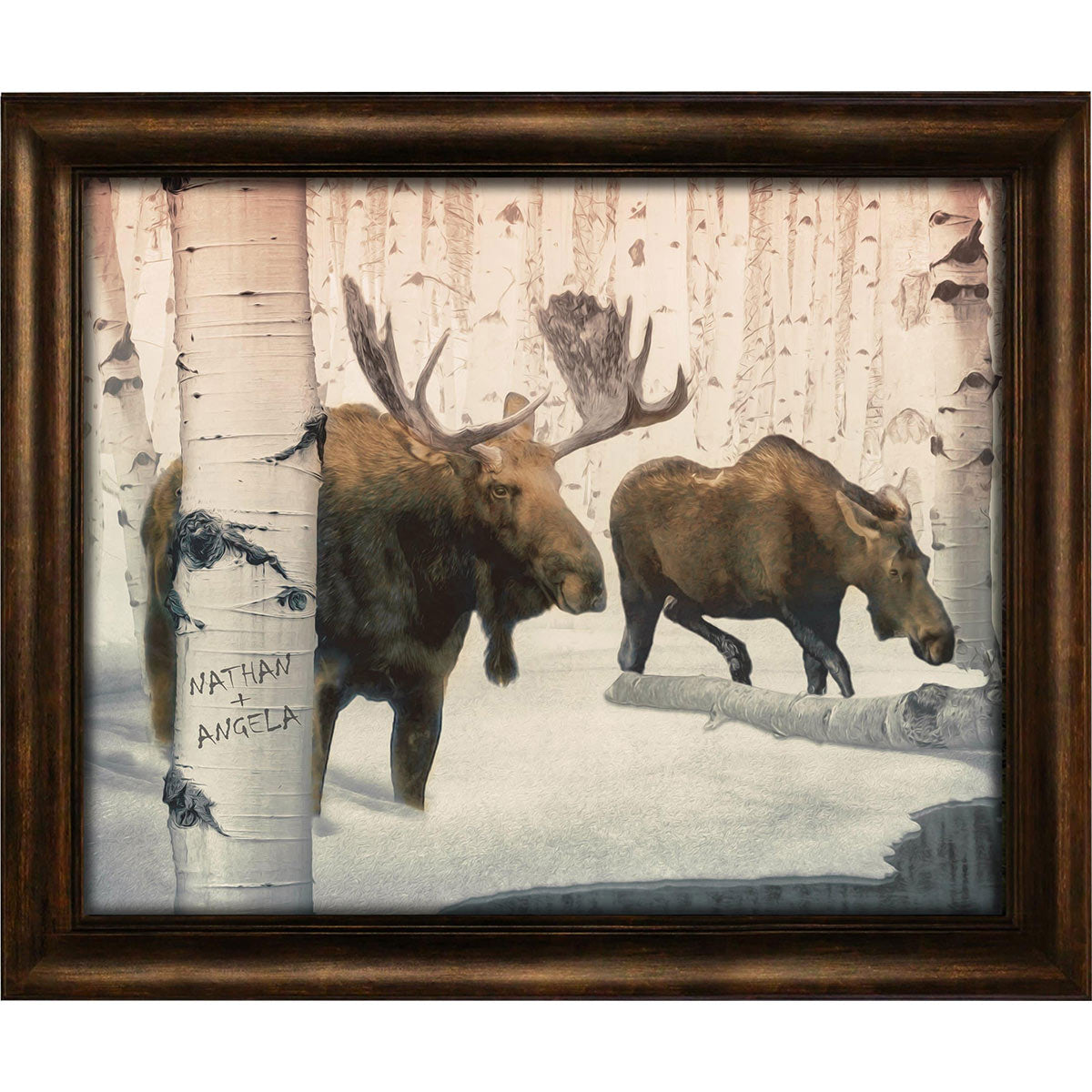 Birch Winter Moose Couple Personalized Framed Canvas - Small