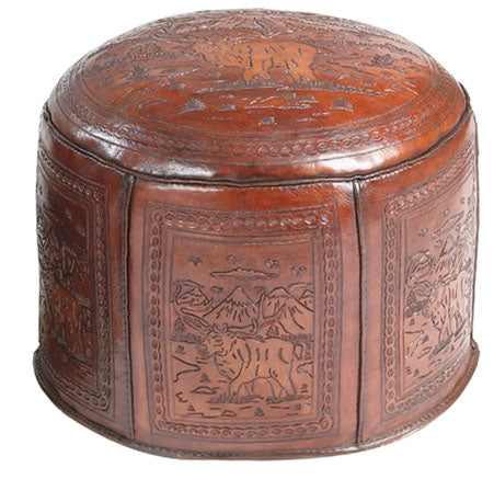 Large Elk Lodge Tooled Leather Ottoman