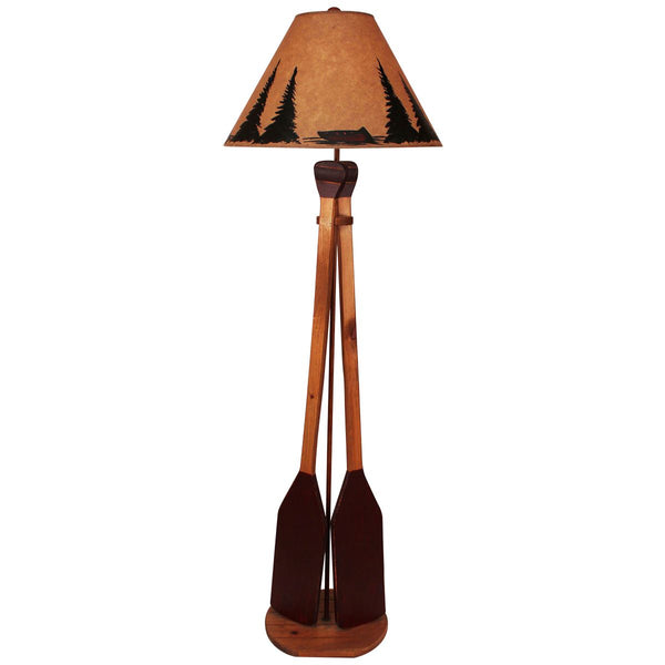 Stain/Red Wooden 2-Paddle Floor Lamp- Canoe and Trees Shade