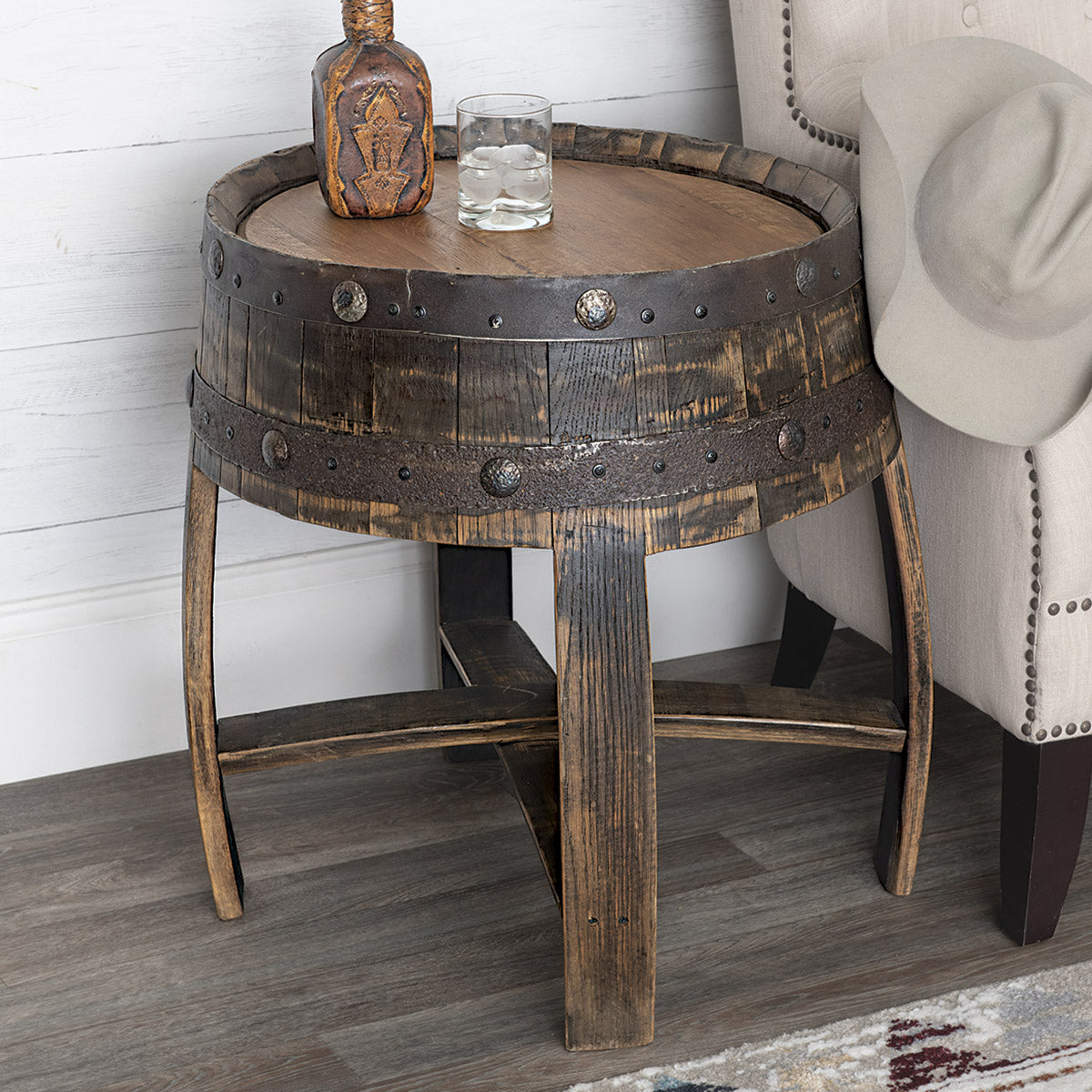 Reclaimed Tequila Barrel Round End Table - OUT OF STOCK UNTIL 07/15/2026