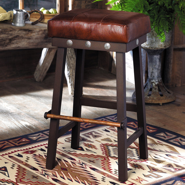 Leather and Iron Barstool with Silver Conchos - 32 Inch