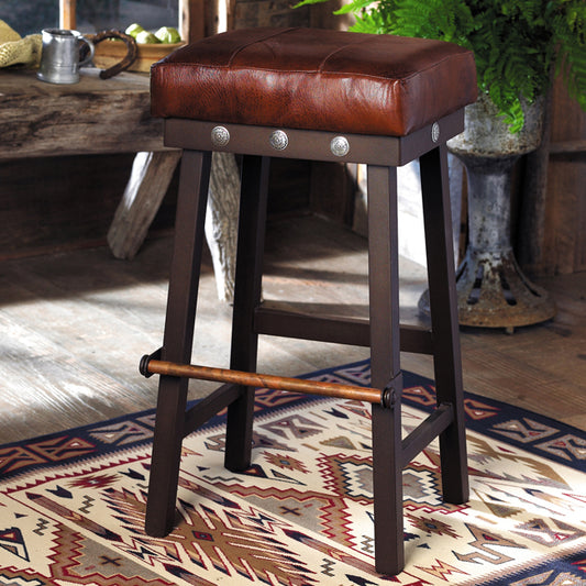 Leather and Iron Barstool with Silver Conchos - 32 Inch