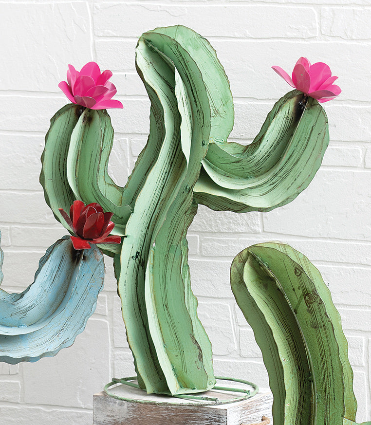 Blooming Cactus Green Metal Sculpture - Medium