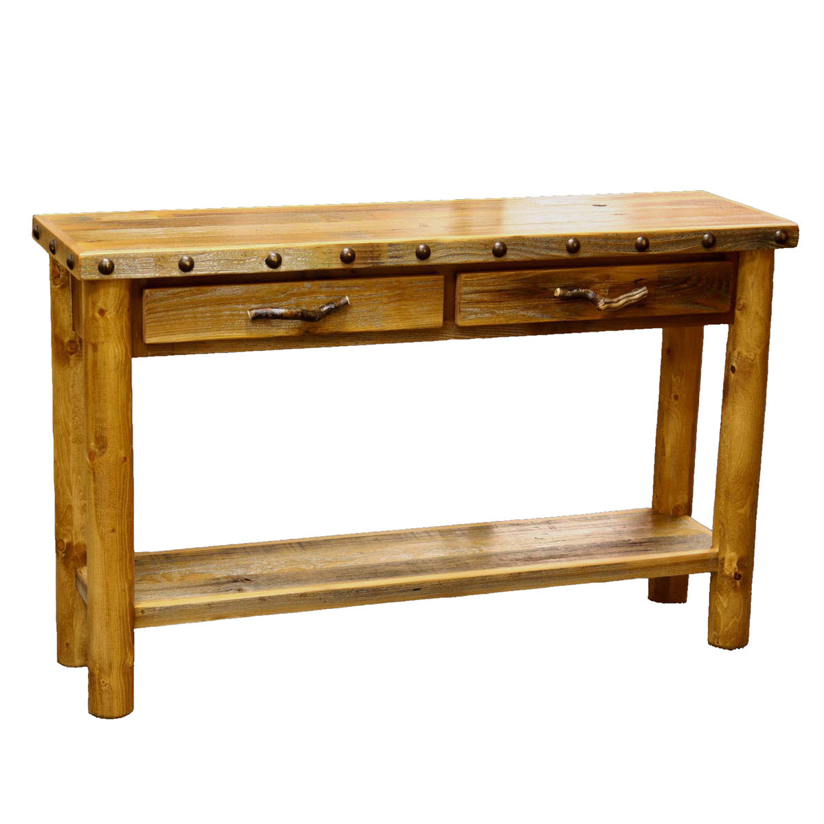 Barnwood 2 Drawer Sofa Table with Shelf and Nailheads