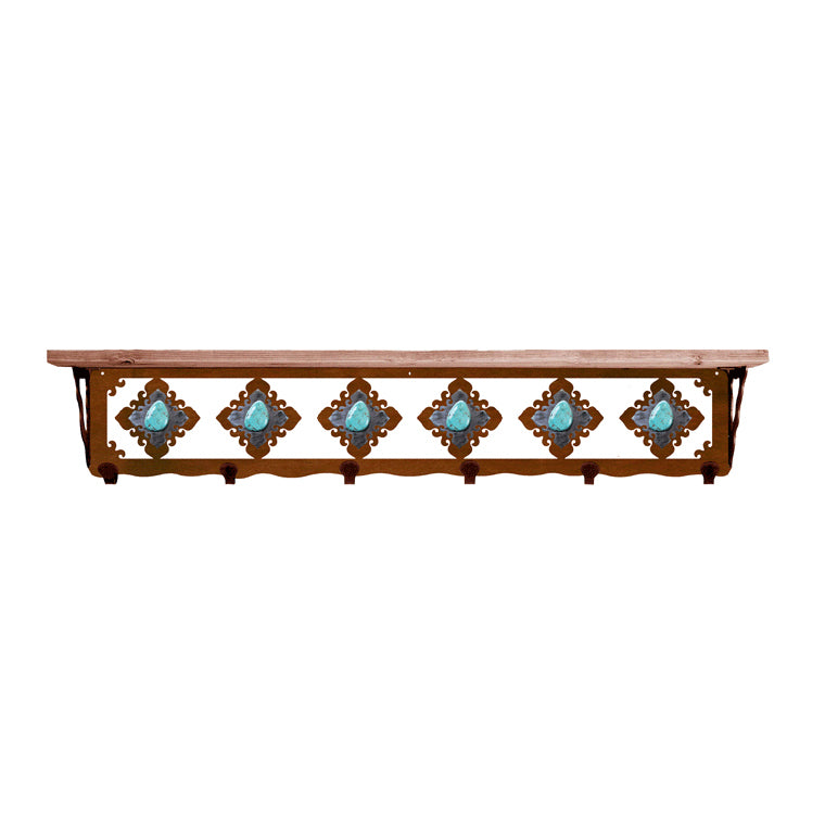 Turquoise Stone 42 Inch Pine Hook Shelf