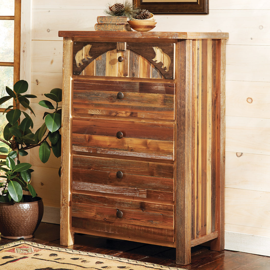 Barnwood Bear Carvings Chest of Drawers