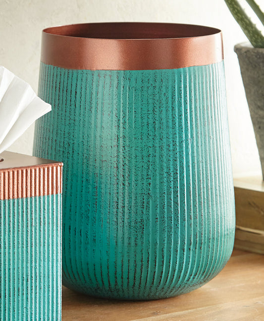 Turquoise & Copper Metal Waste Basket - SALE