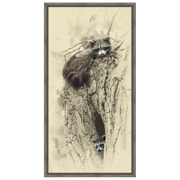 Mom and Baby Raccoon Framed Canvas