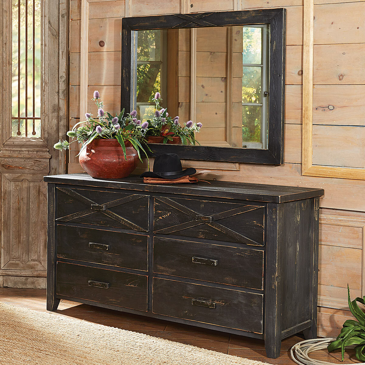 Barnwood Double X Dresser and Mirror | Black Forest Decor Barnwood Double X Dresser and Mirror | Black Forest Decor