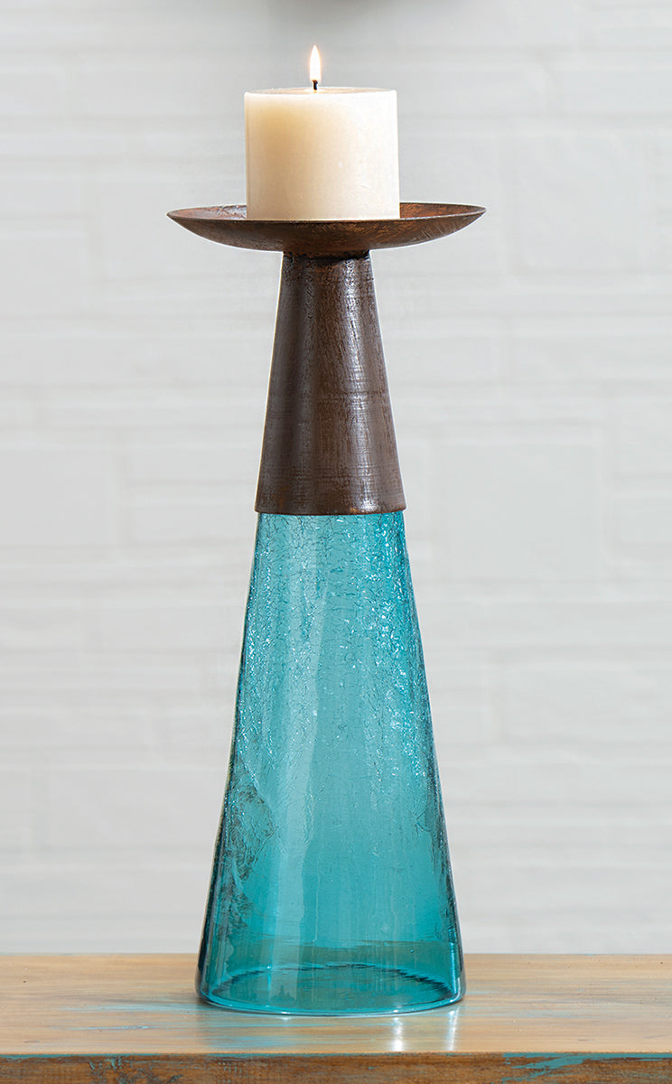 Reversible Candle Holder / Vase with Crackled Turquoise Glass and Candle - Small