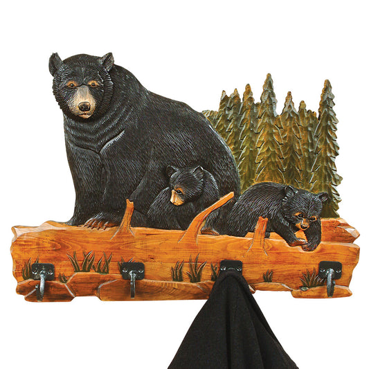 Carved Wood Bear Family Coat Rack