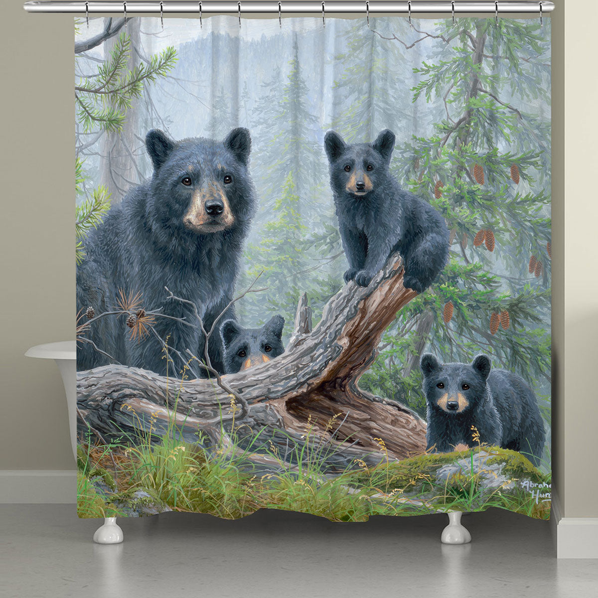 Black Forest Decor Misty Mountain Bear & Cubs Shower Curtain