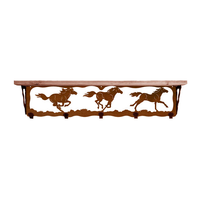 Wild Horses 34 Inch Pine Hook Shelf