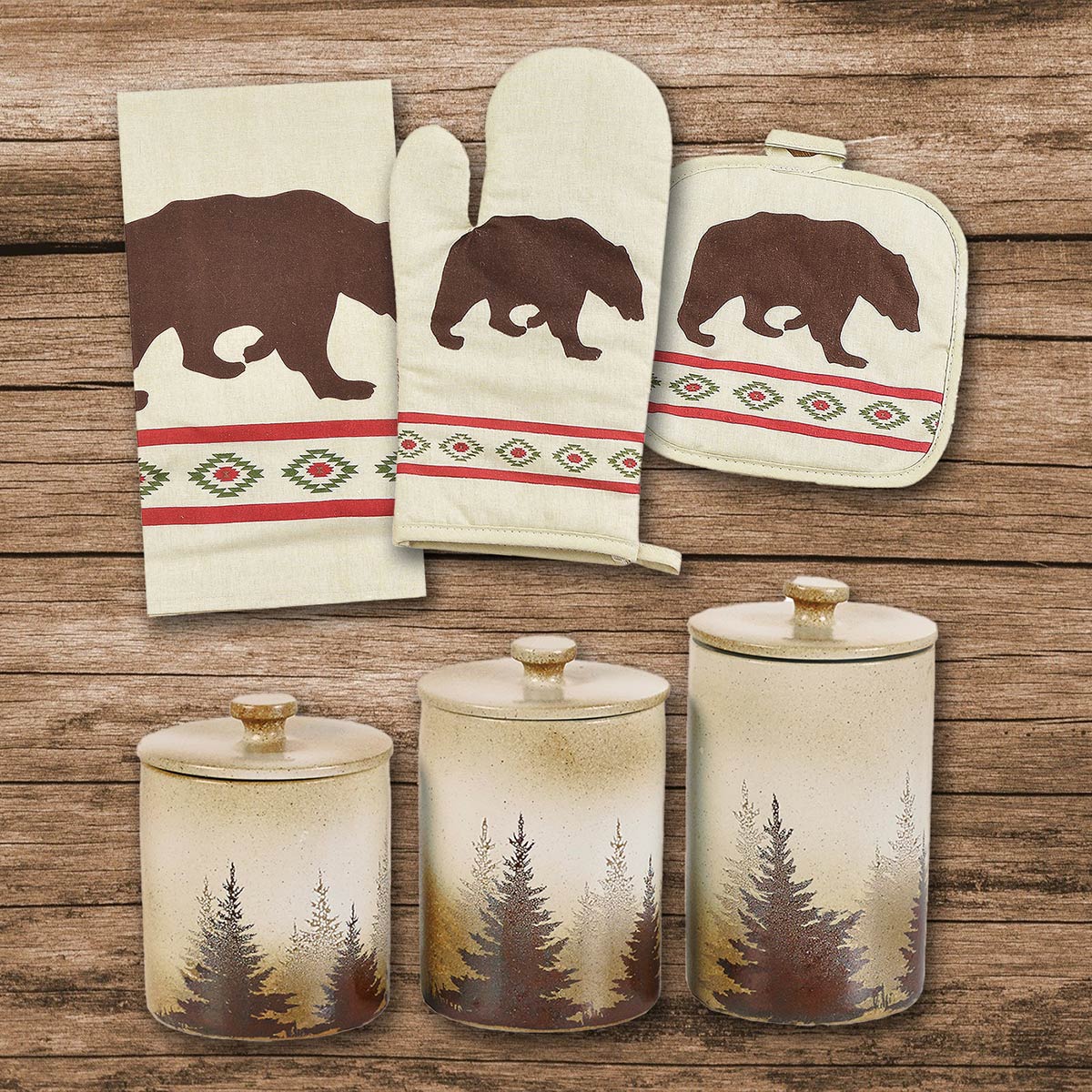 Tribal Bear Forest 13 Pc Canister & Kitchen Linen Set