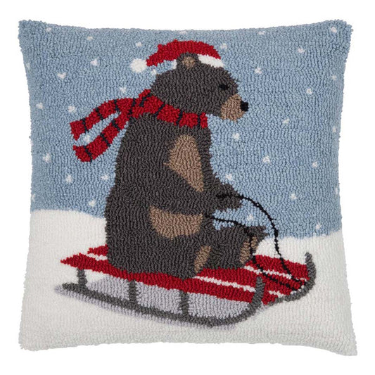 Beary Merry Sled Hooked Pillow