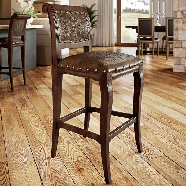 Imperial Counter Stool with Antique Brown Tooled Leather - Set of 2