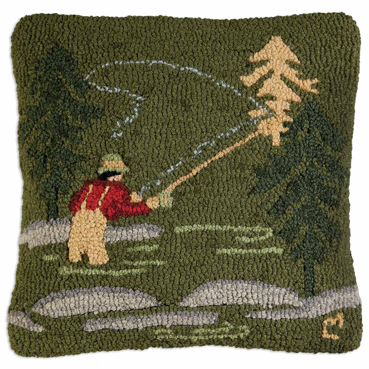 Fly Fisherman Hooked Wool Pillow