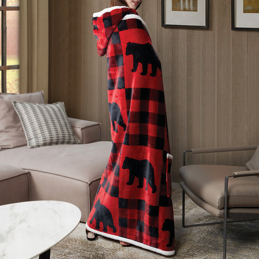 Bear Buffalo Plaid Hooded Sherpa Throw