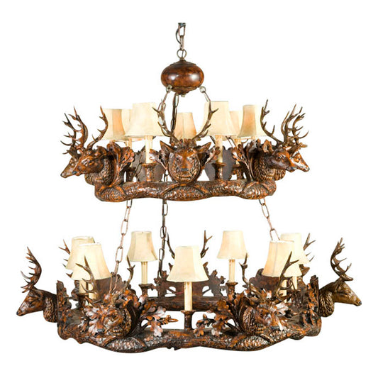 Small Stag Head Two Tier Chandelier - Faux Leather Shades