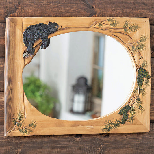 Lazy Bear Carved Wood Mirror
