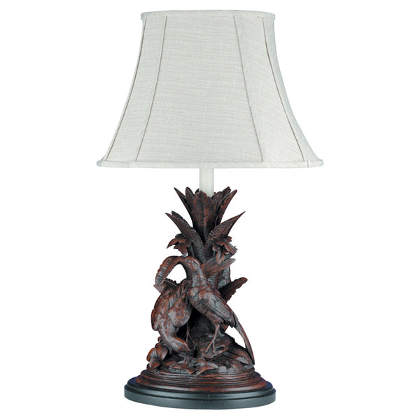 Black Forest Three Pheasants Lamp with Linen Shade