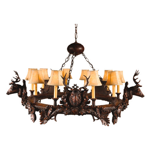 Dark Maple Small Stag Head 10-Light Chandelier - Faux Leather Shades