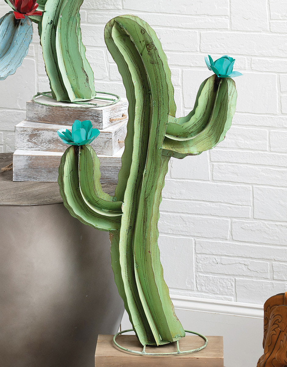 Blooming Cactus Green Metal Sculpture - Large