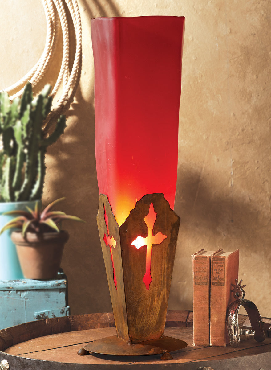 Frosted Red Glass Iron Cross Lamp - OUT OF STOCK UNTIL 05/20/2026