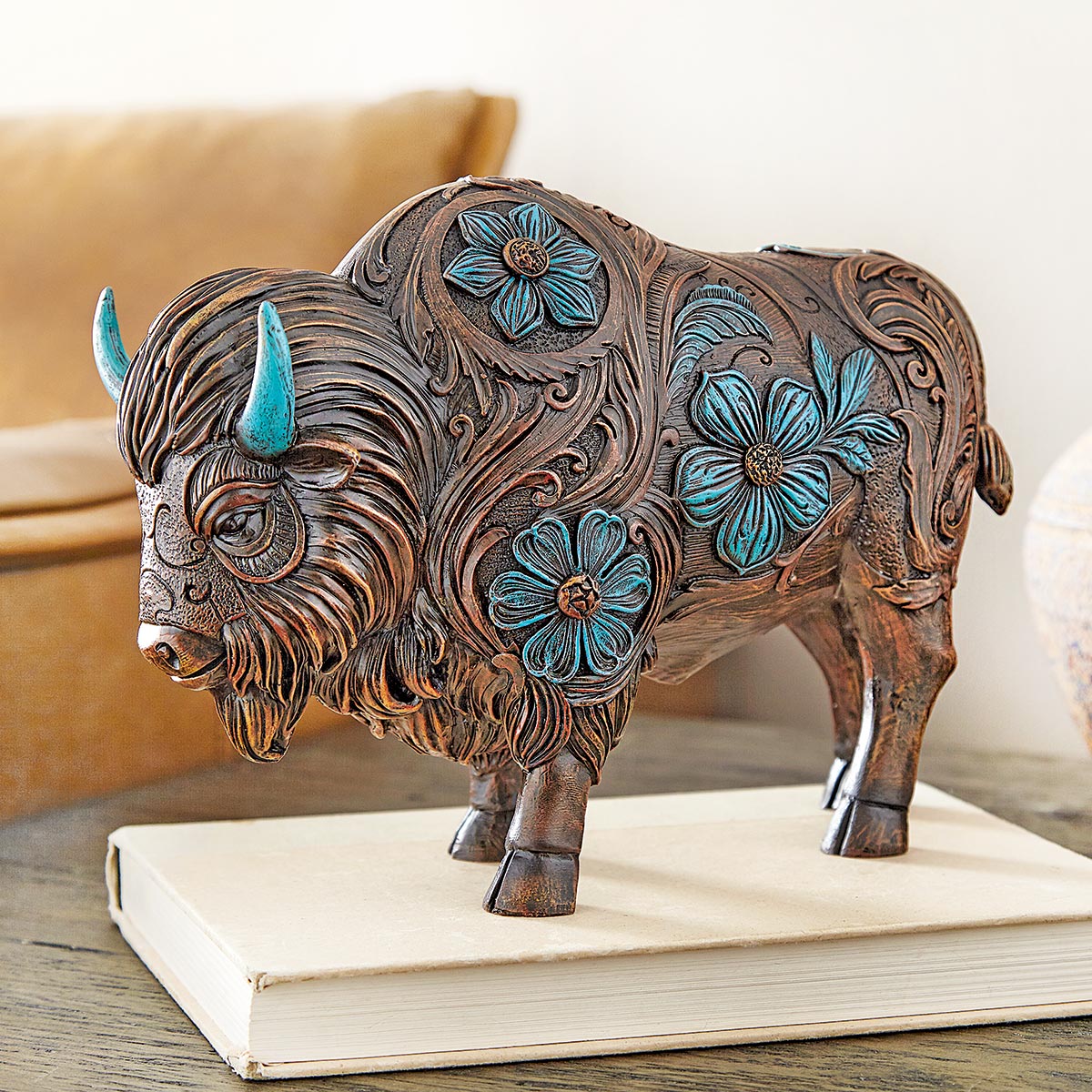 Turquoise Floral Buffalo Sculpture