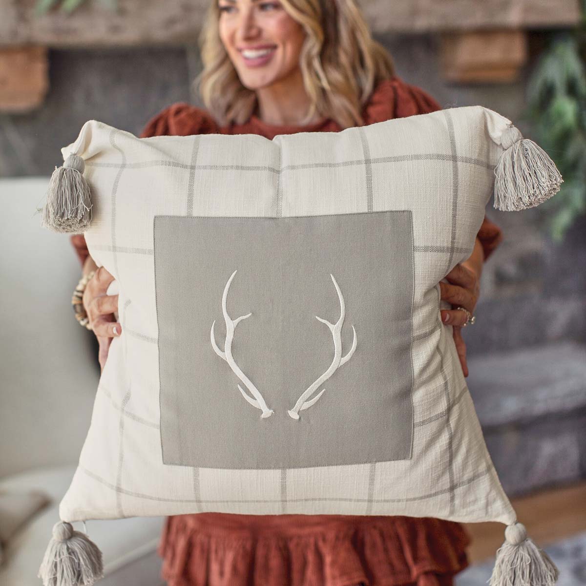 Antler Checkered Feather Pillow