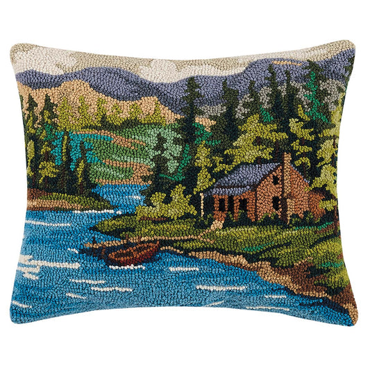 Lakefront Cabin Hooked Pillow - OUT OF STOCK UNTIL 07/16/2026