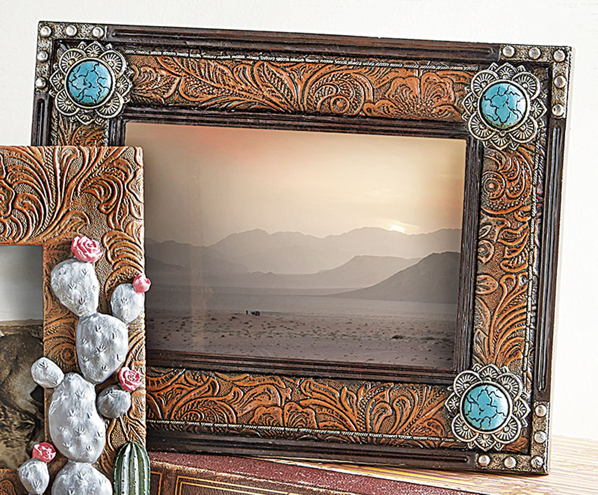 Turquoise Stone Tooled Leather Photo Frame - OUT OF STOCK UNTIL 07/04/2026