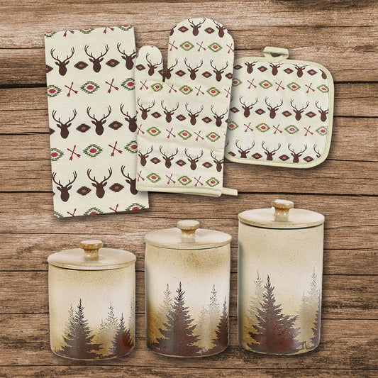 Deer & Pines 13 Pc Canister & Kitchen Linen Set
