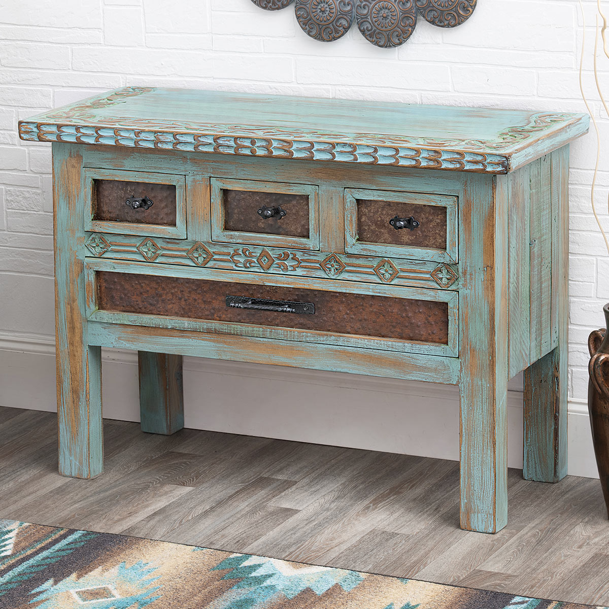 Taos Pueblo Turquoise Carved Buffet
