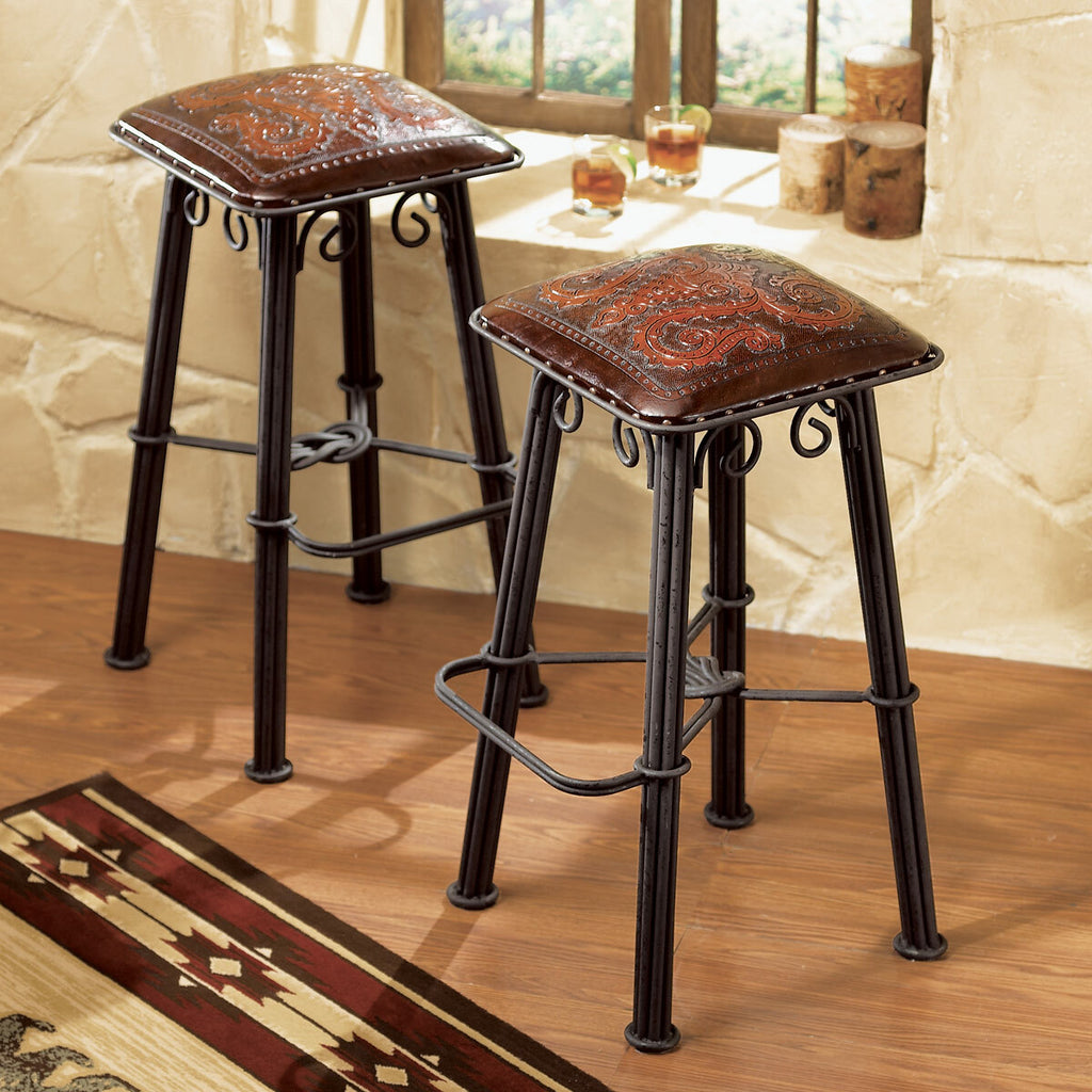 Coronado Iron Barstool with Tooled Leather Seat