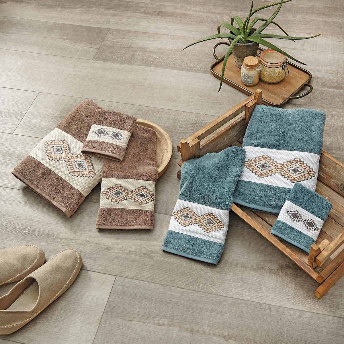 Southwest Diamond Teal Embroidered Towels