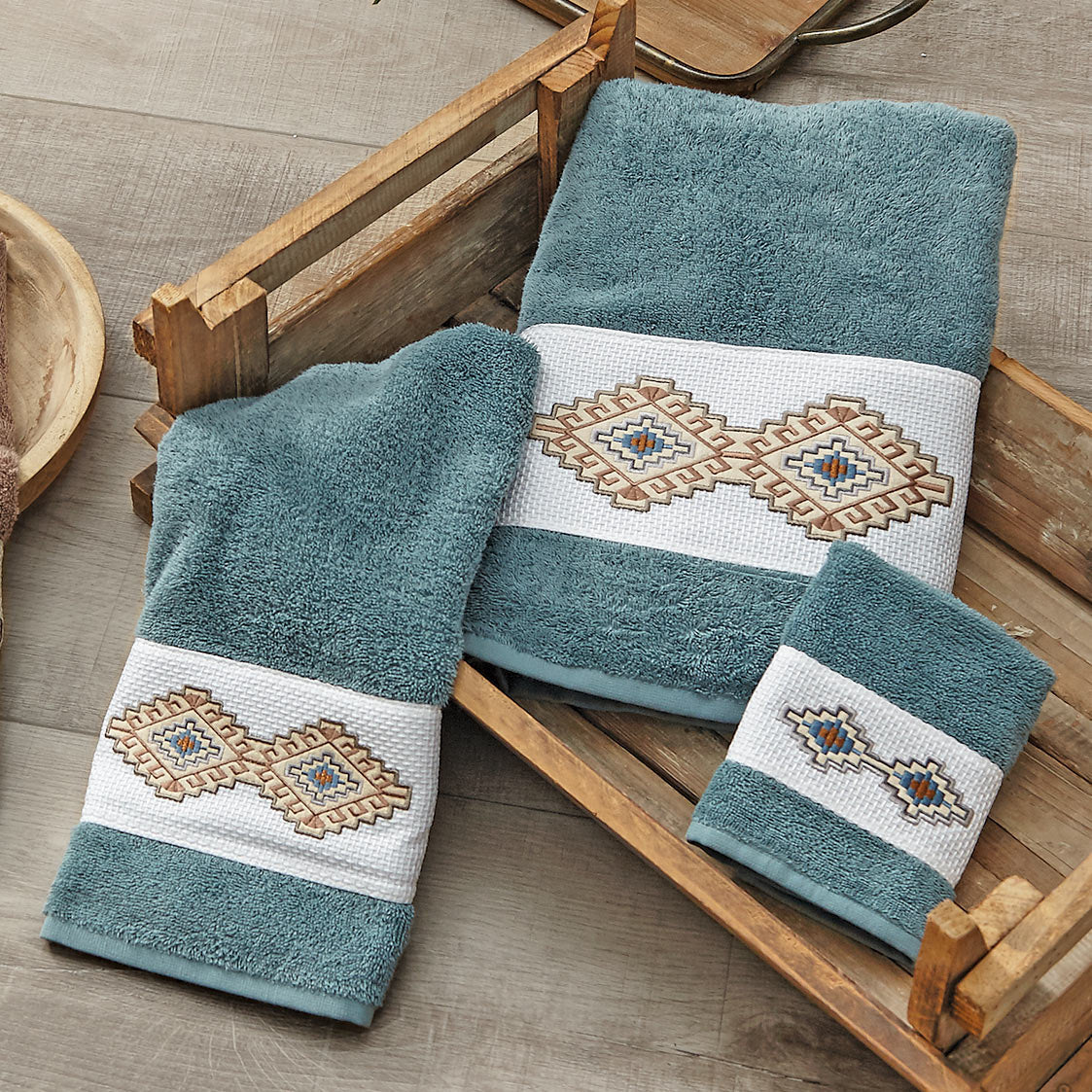 Southwest Diamond Teal Embroidered Towels