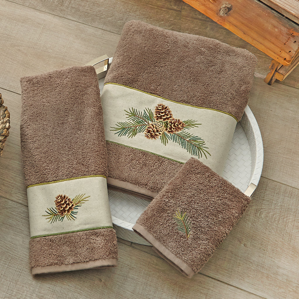 Woodland Embroidered Pinecones Latte Towel Collection