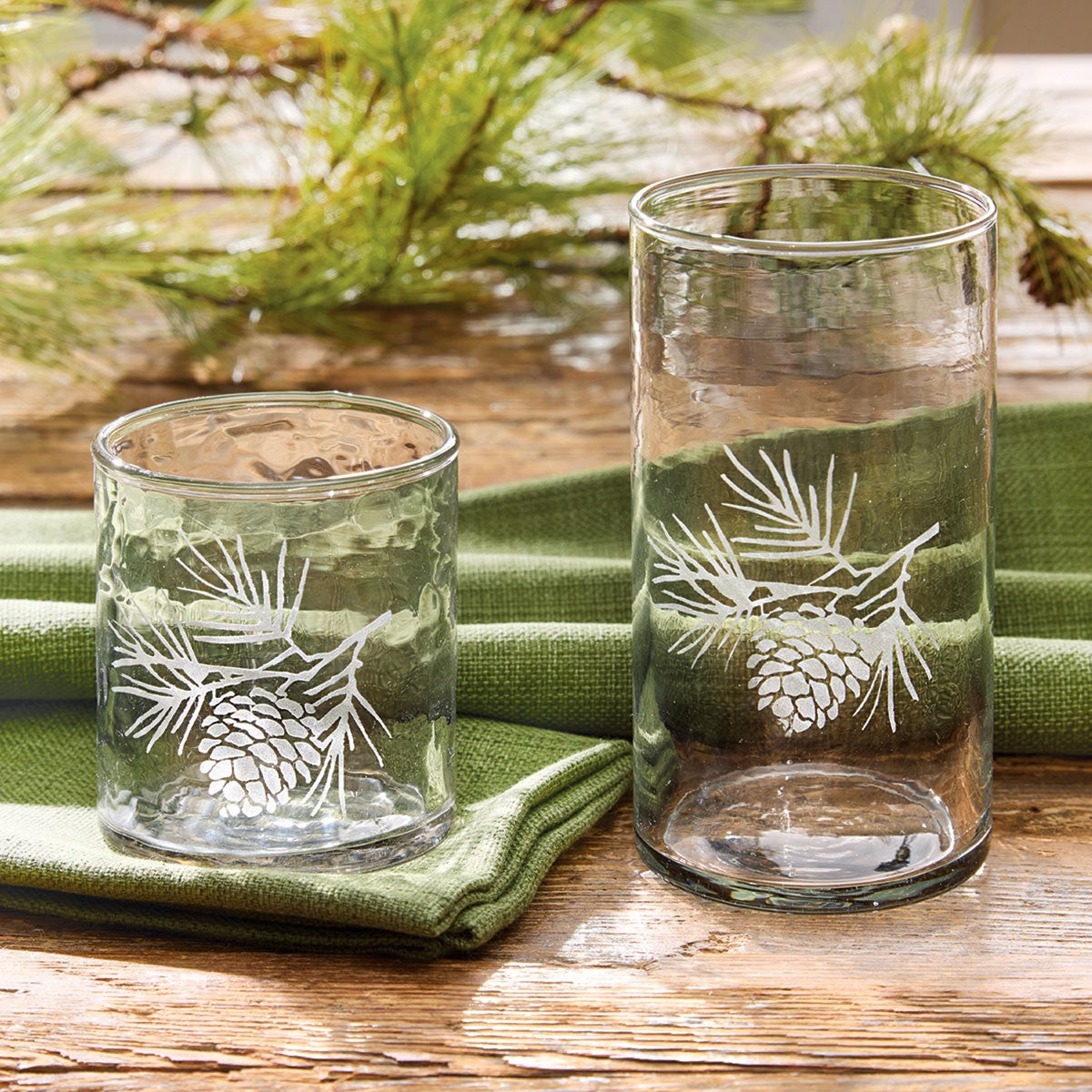 Hand-Blown Etched Pinecones Glassware