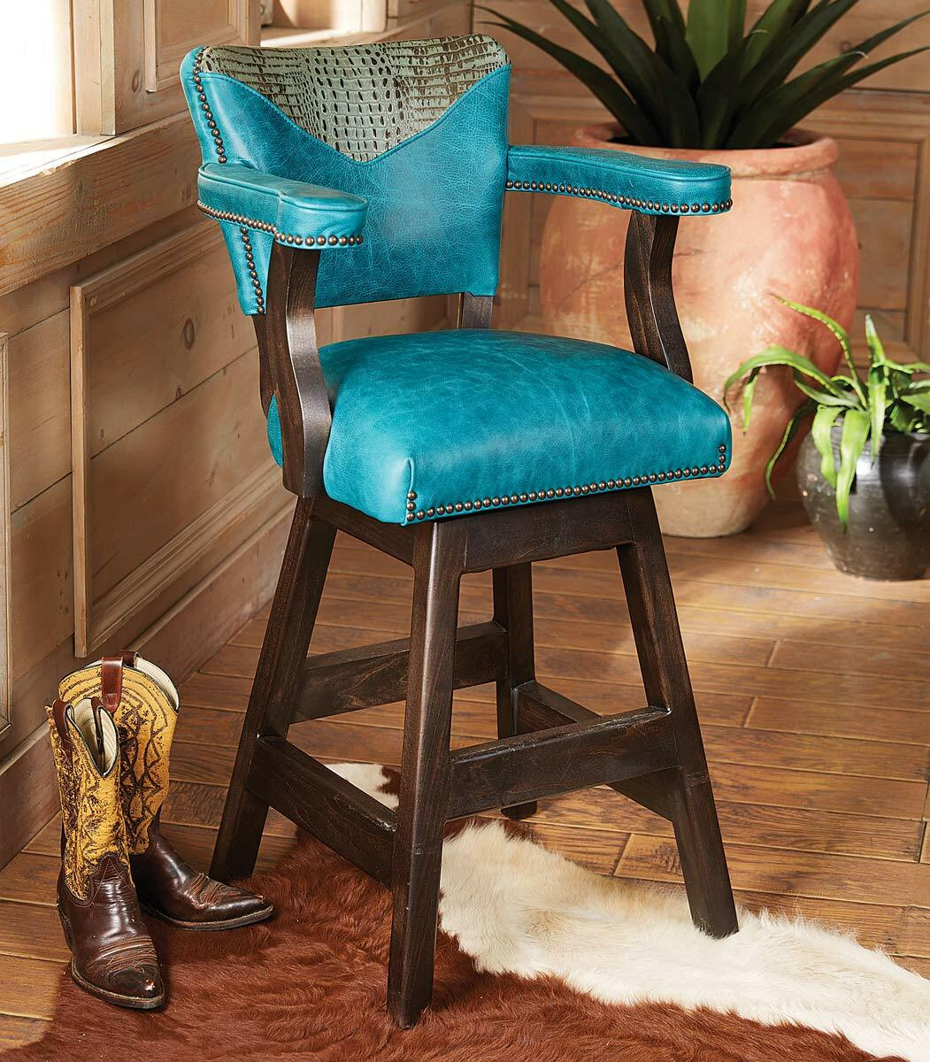 Laramie Plains Barstool with Turquoise Leather Black Forest Decor - Main Image