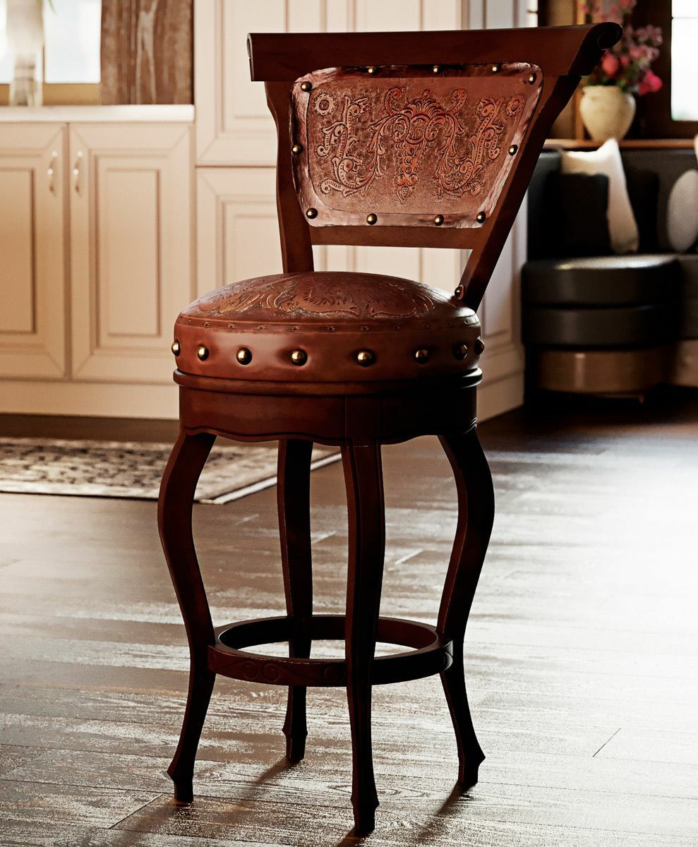 Spanish Heritage Swivel Barstool with Back Brown Set of